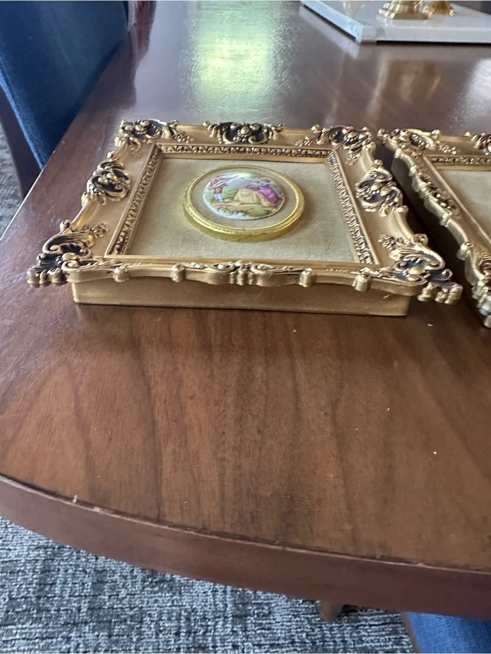 Decorative Gold Ornate Picture Frame Pair with Pastel Cameo Art